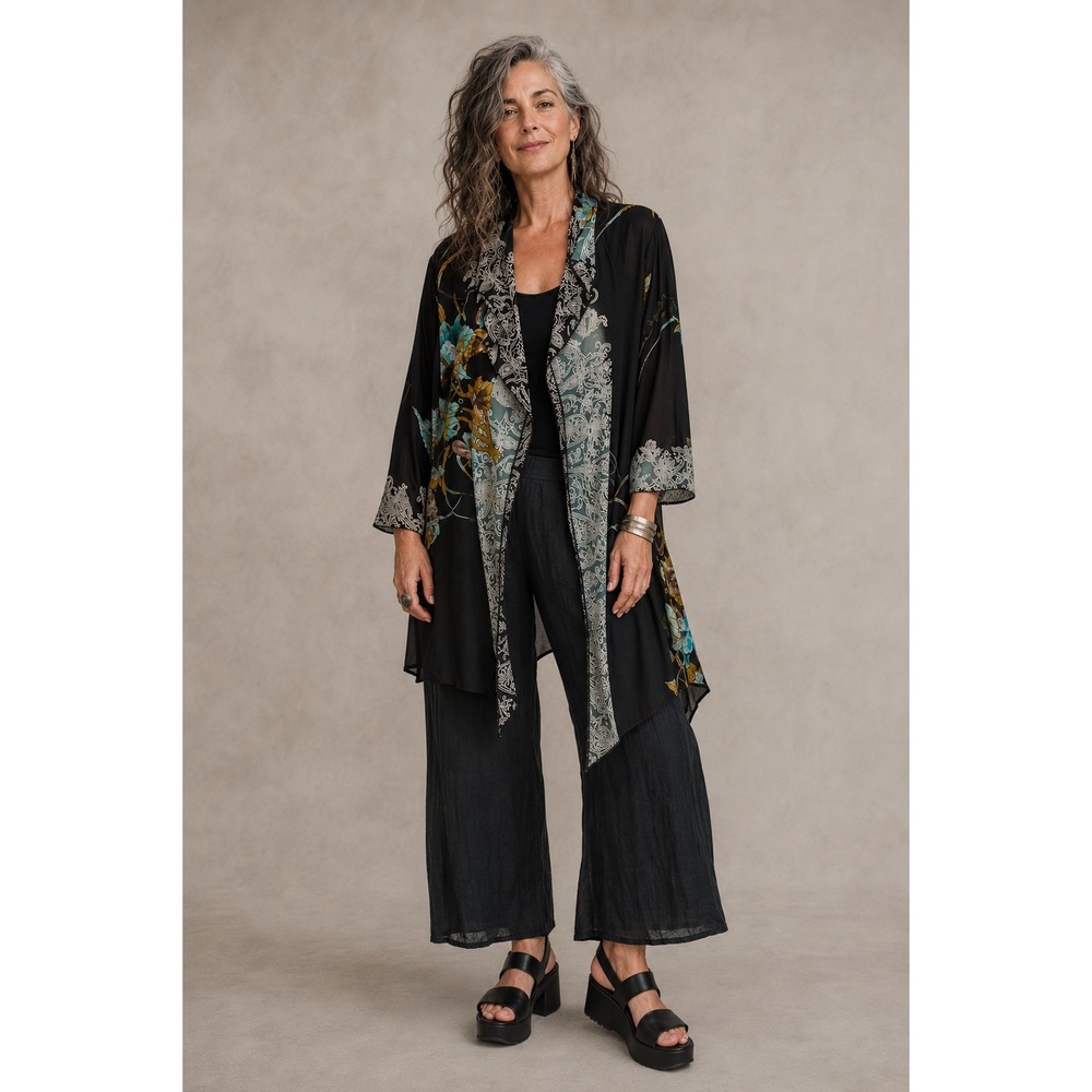 Citron Santa Monica Silk Blend Butterfly Floral‎ Kimono Black Medium Art to Wear